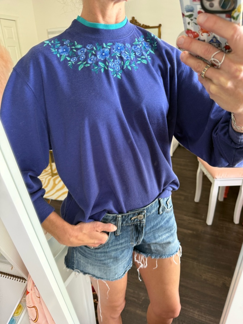 Vintage Coastal Granny Floral Embroidered Sweatshirt Blue Cottagecore Mock Neck
